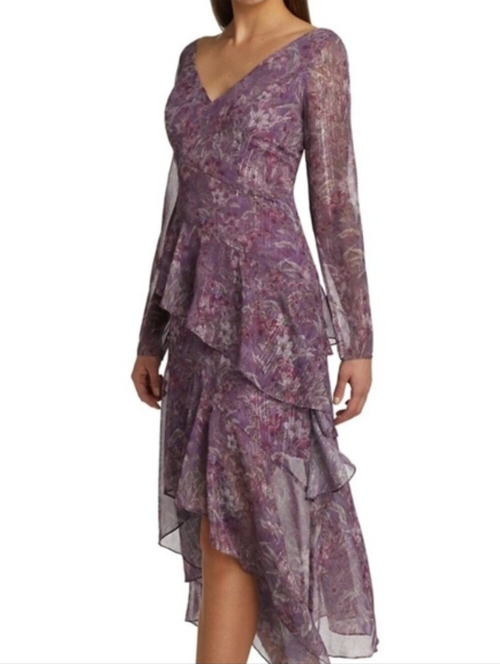 Marchesa Notte Lilac Metallic Floral Hi Lo Evening Dress Angle Ruffle NEW Size 2